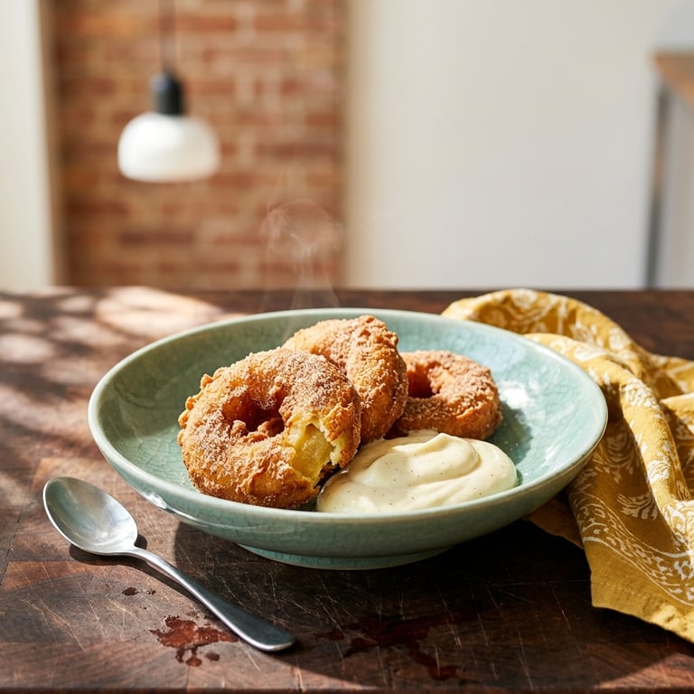 Frasiga äppelmunkar i ölsmet med kanelsocker och kall vaniljkräm