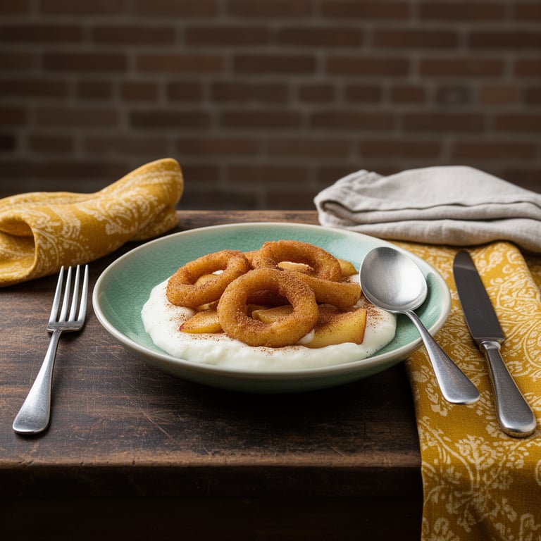 Frasiga äppelmunkar i ölsmet med kanelsocker och kall vaniljkräm