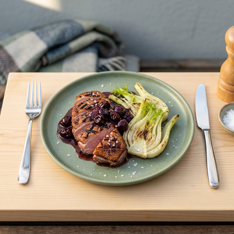 Grillad ankbröst med körsbärsglaze och grillad fänkål