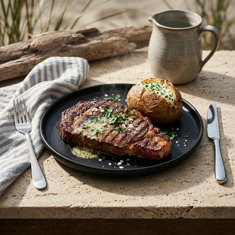 Grillad entrecôte med örtsmör och bakad potatis