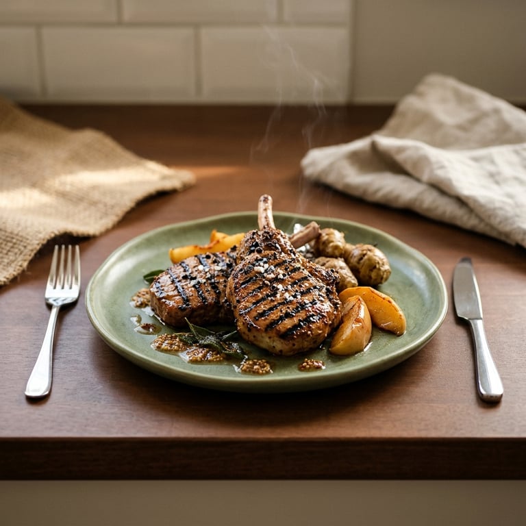 Grillade vildsvinskotletter med salvia- och senapssmör, glödgrillade äpplen och jordärtskockor