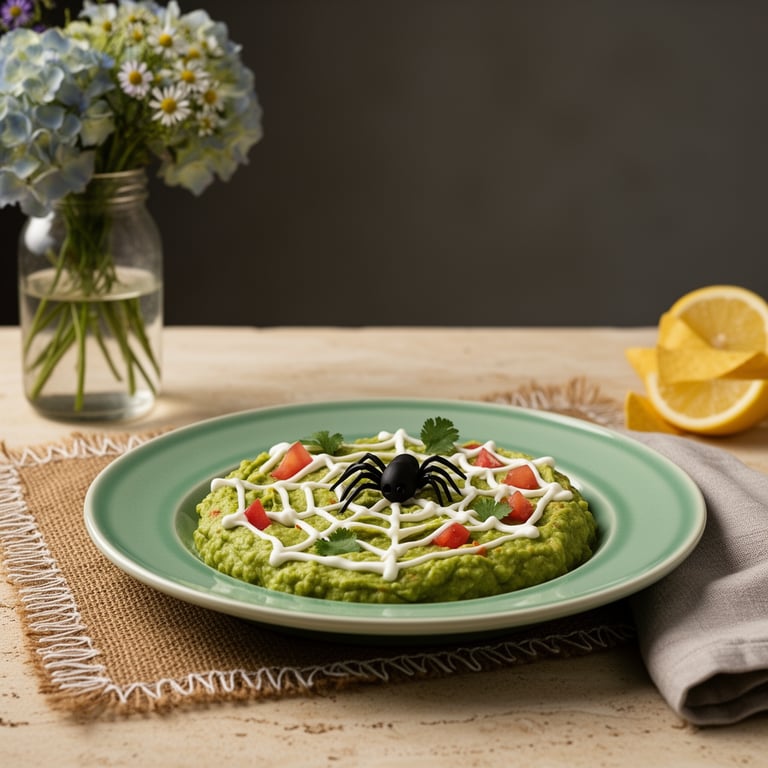 Halloween-guacamole med spindelnät av crème fraîche och olivspindel