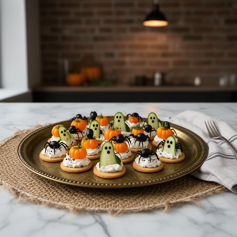 Halloween-plockbricka med mini-pumpor, olivspindlar och spök-gurkor på kex
