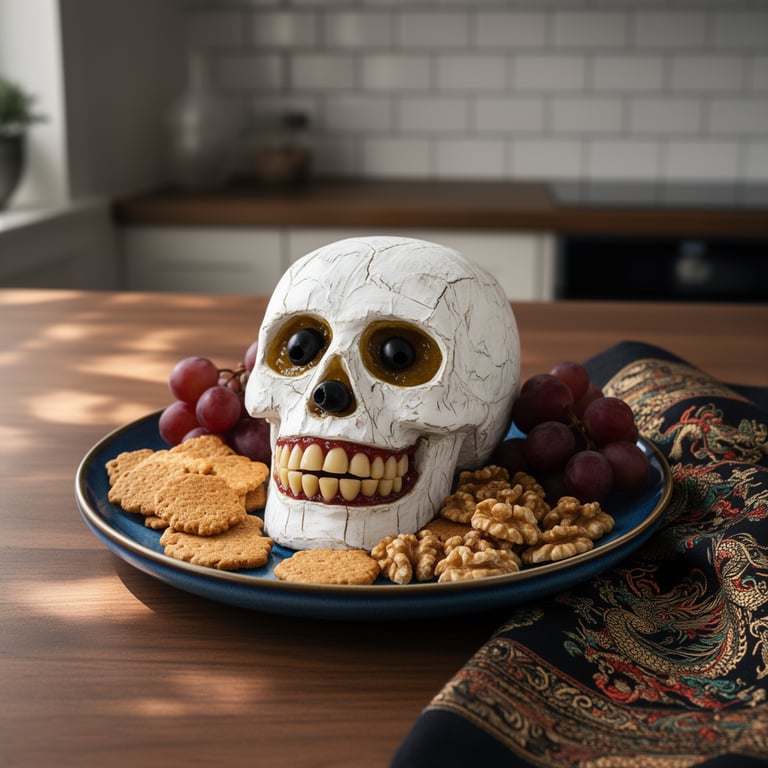 Halloween-skalle av brie med olivögon, mandeltänder och kex