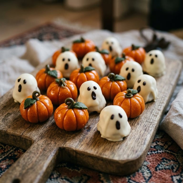 Halloweenfigurer av mandelmassa – minipumpor och små spöken