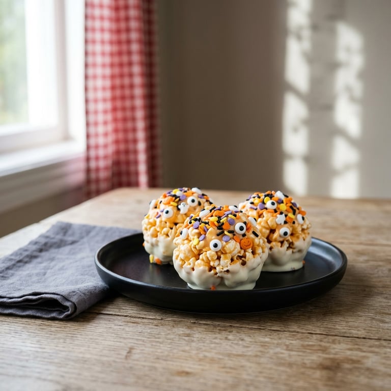 Halloweenpopcornbollar med orange marshmallowglasyr, strössel och sockerögon