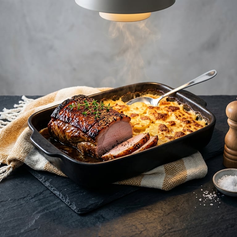 Helstekt fläskkarré med honungs- och senapsglaze, potatisgratäng med prästost och gräddsky