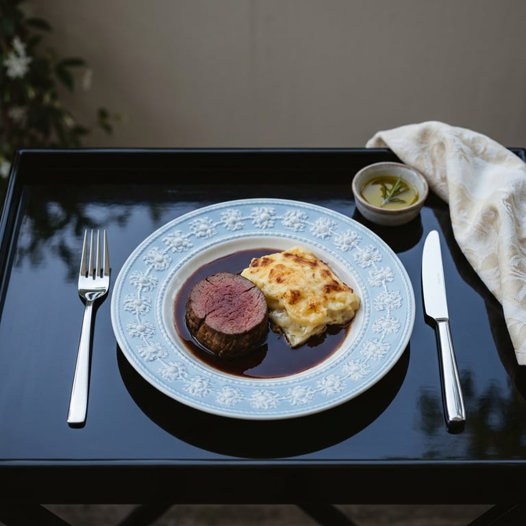 Helstekt oxfilé med rödvinssky och krämig potatisgratäng