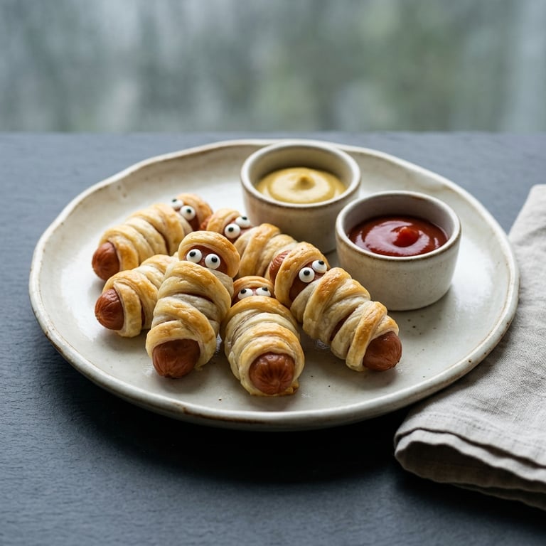 Inbakade korv-mumier med sockerögon och dubbel dipp