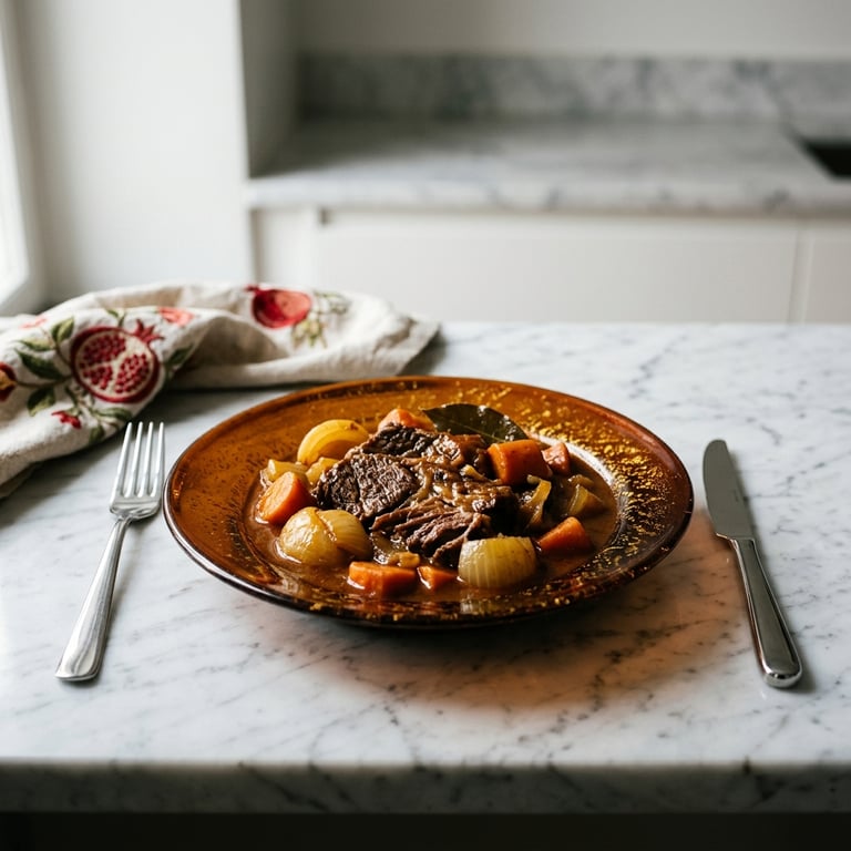 Klassisk högrevsgryta med lök, morot och lagerblad