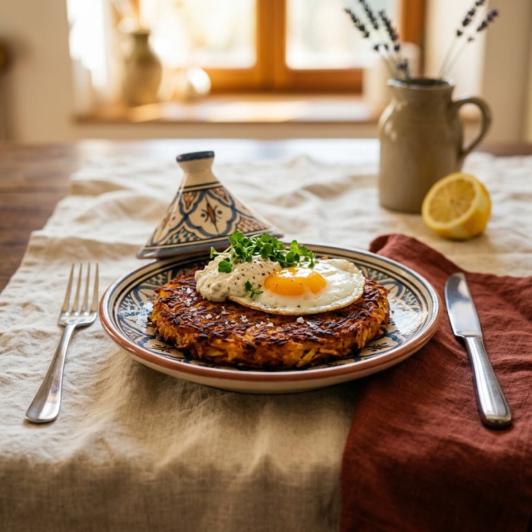 Knaprig kålrotsrösti med stekt ägg, pepparrotskräm och krasse