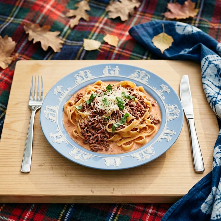Krämig rosésås med köttfärs, tagliatelle, parmesan och basilika