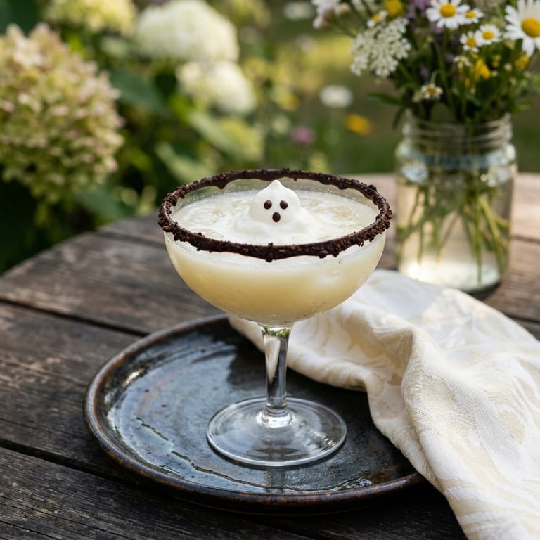 Krämig spökmocktail på kokos och ananas med svart chokladkant och gräddspöke