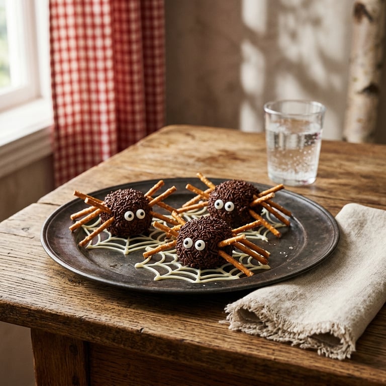 Krispiga chokladspindlar med jordnötssmör, saltstångsben och sockerögon på spindelnät
