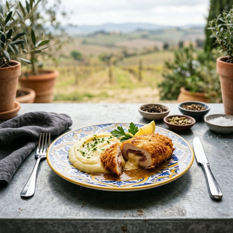 Kyckling cordon bleu med gruyère, rökt skinka och smörig potatispuré