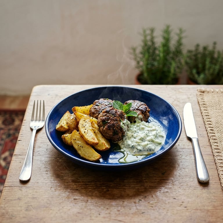 Lammfärsbiffar med spiskummin och mynta, krämig tzatziki och ugnsrostad klyftpotatis med oregano