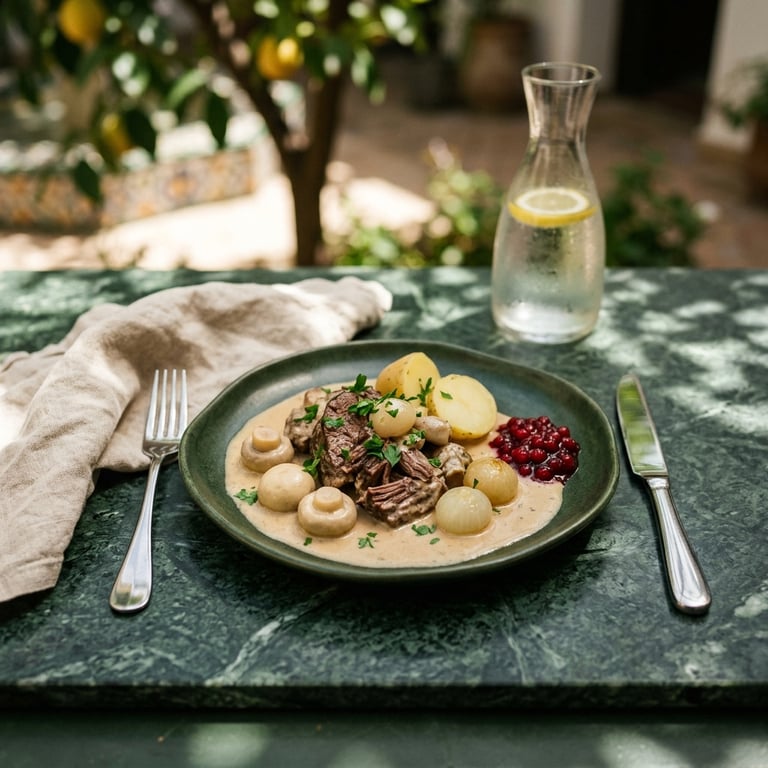 Långkokt bogstek med champinjoner, smålök och gräddsky