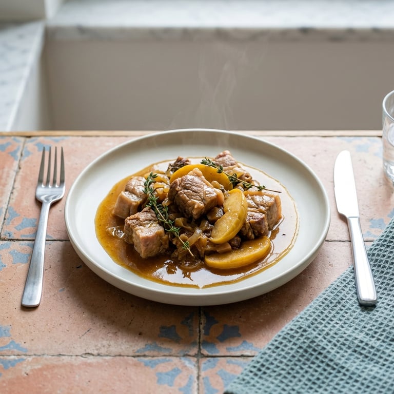 Långkokt fläskkarrégryta med äpple, lök och timjan