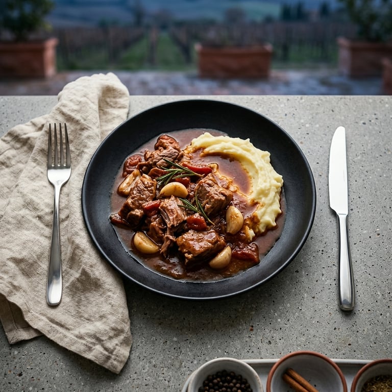 Långkokt lammbogsgryta med vitlök, rosmarin och tomat