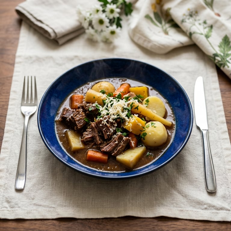 Långkokt oxbringagryta med rotfrukter och färskriven pepparrot