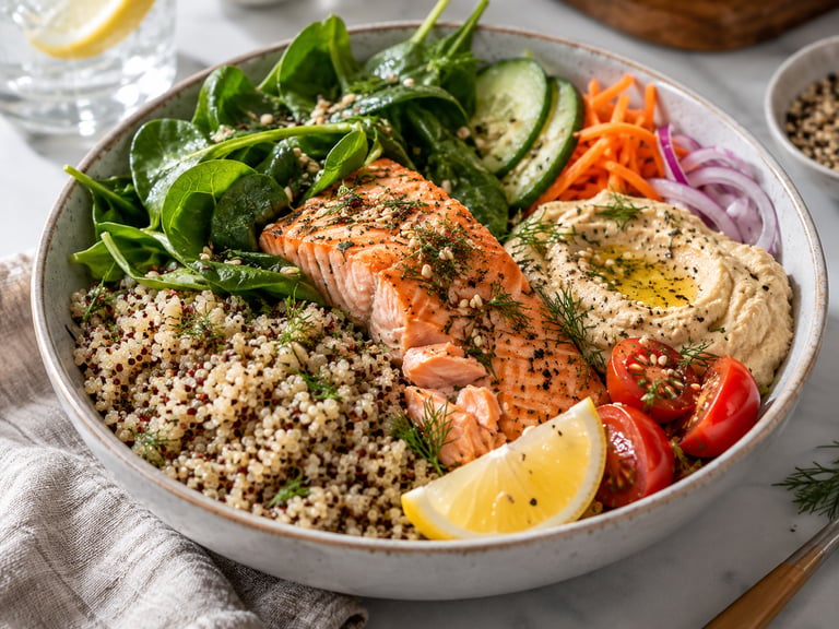 Laxbowl med quinoa spenat och hummus