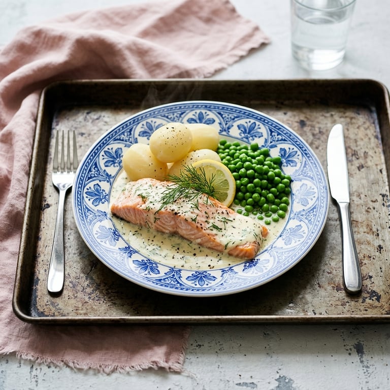 Laxform med crème fraîche, citron och dill, kokt potatis och ärtor