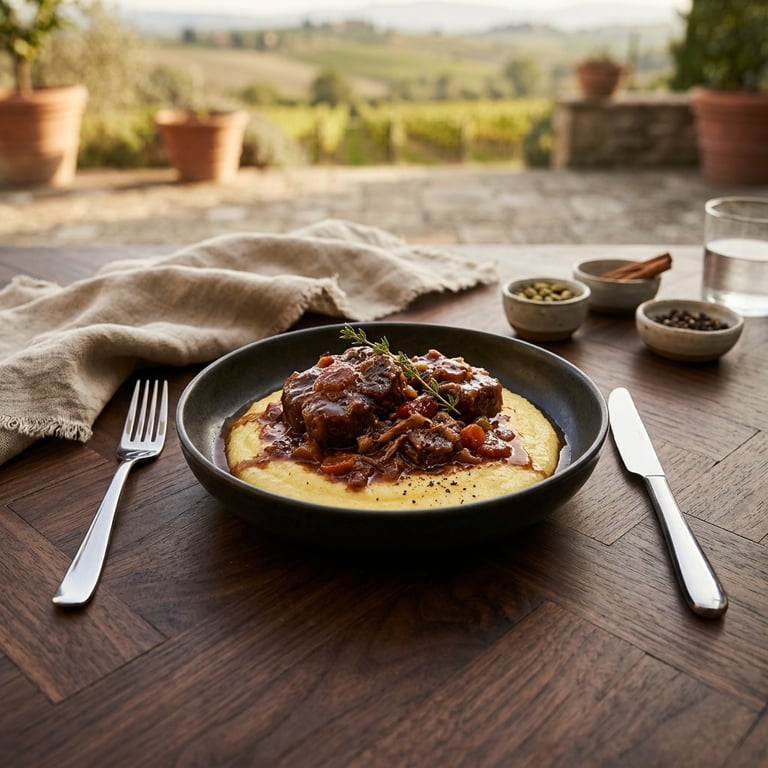 Mustig oxsvansragu med rödvin och tomat på krämig polenta