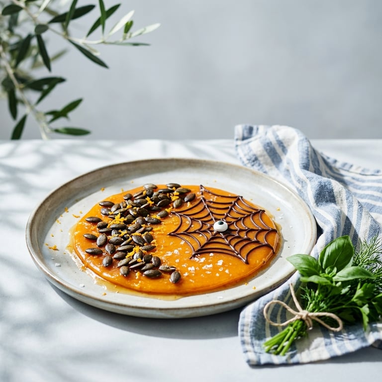 Orange HalloweenknÀck med pumpakÀrnor och chokladspindelnÀt