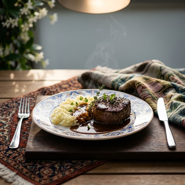 Pepparbiff au poivre på ryggbiff med flamberad konjakssås och pressad potatis