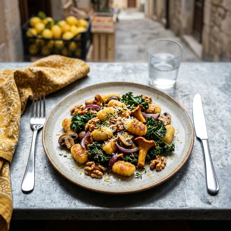 Plåtbakad gnocchi med skogssvamp, grönkål och rostade valnötter