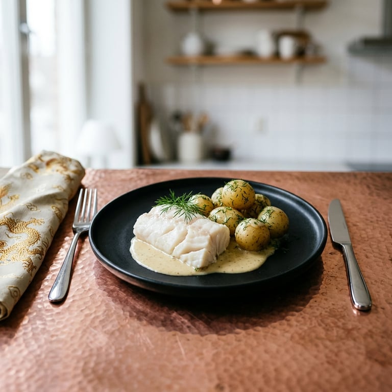 Pocherad torsk med senapssås och dillslungad färskpotatis