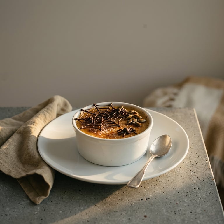Pumpa-crème brûlée med knäckig sockertopp, chokladspindelnät och karamelliserade pumpafrön
