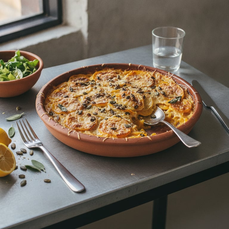Pumpa- och potatisgratäng med salvia och lagrad prästost