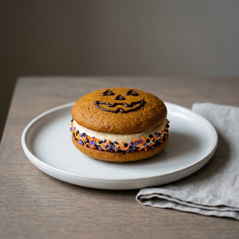 Pumpa-whoopie pies med färskostfyllning och pumpaansikten