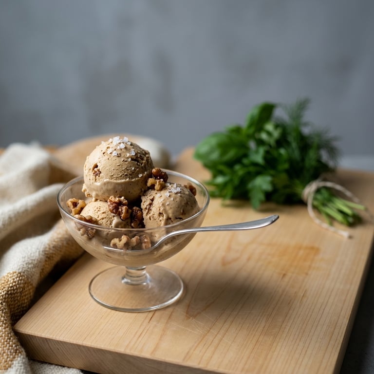 Rostad valnötsglass med muscovado och kanderade valnötter