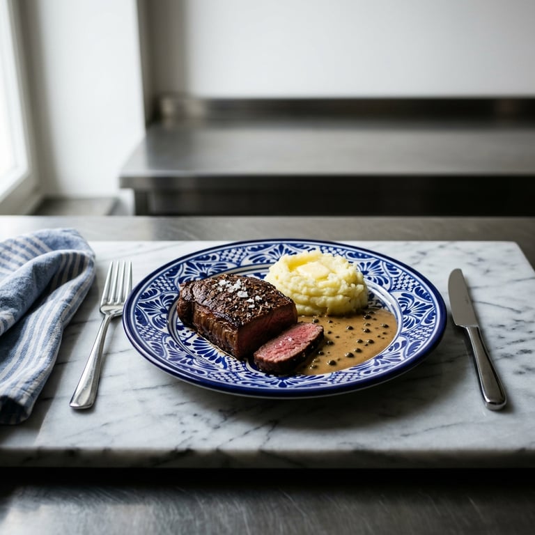 Ryggbiff med gräddig pepparsås och pressad potatis