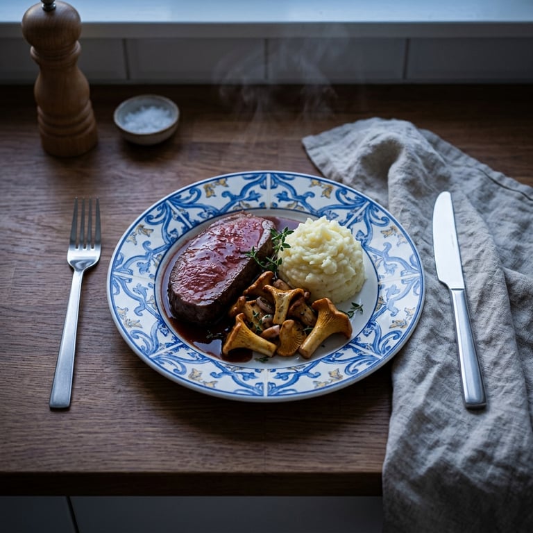 Ryggbiff med rödvinssky, smörfrästa kantareller och pressad potatis