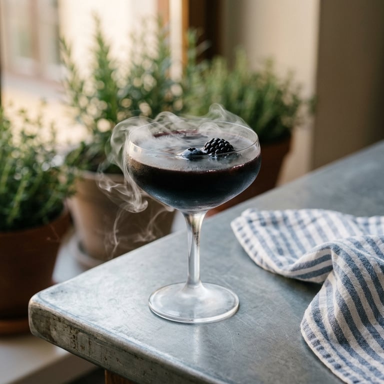 Rykande svart häxcocktail med björnbär, blåbär och lime