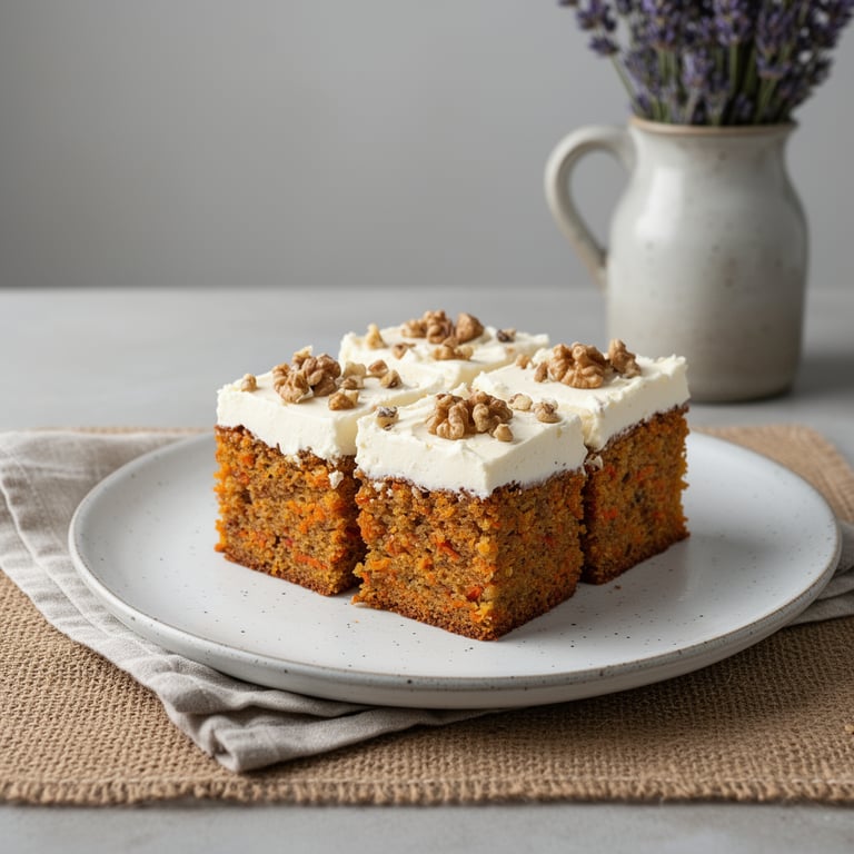 Saftig morotskaka i långpanna – skuren i fyrkantiga bitar med cream cheese-frosting