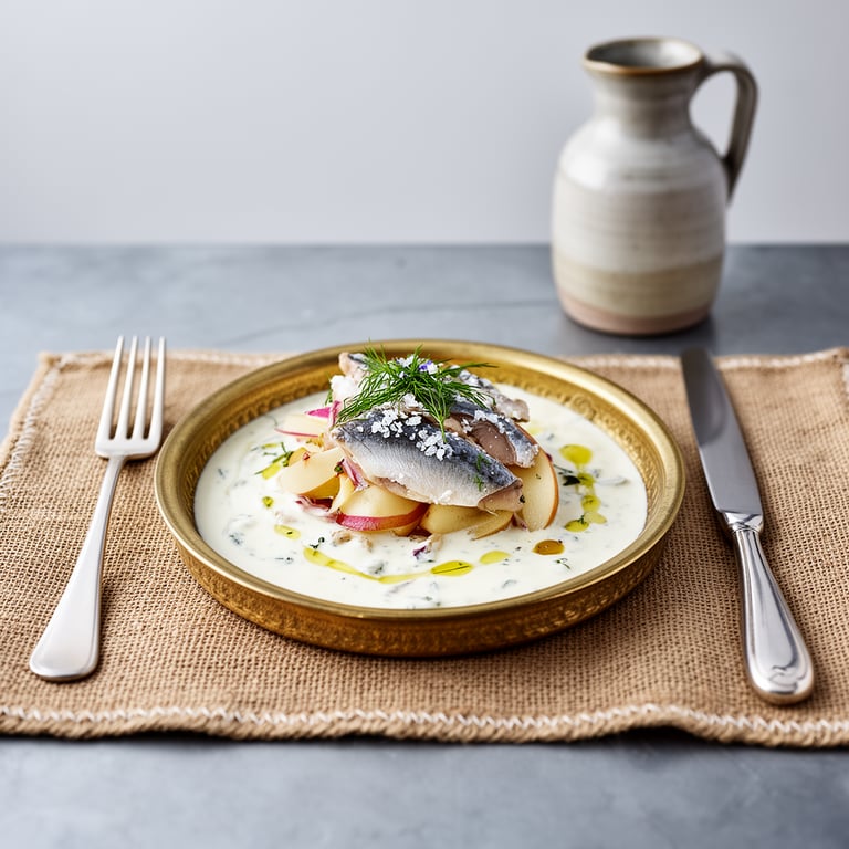 Senapssill med Krispigt Äpple och Dillcrème på Smörrostad Kavring