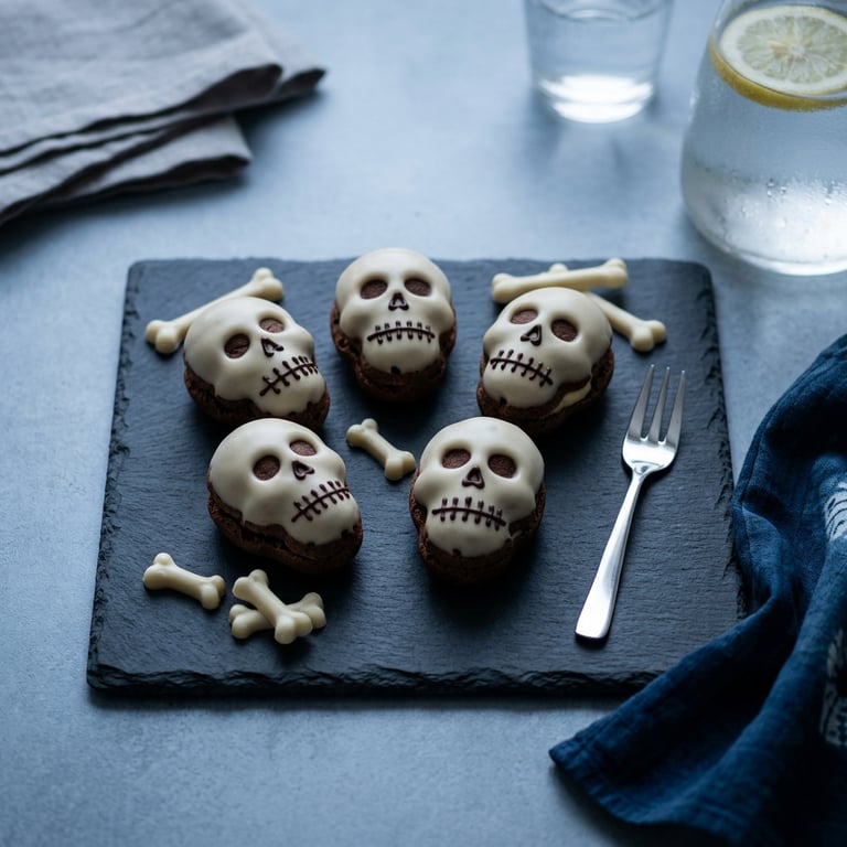 Skelett-petits-choux med vaniljkräm och benvit glasyr