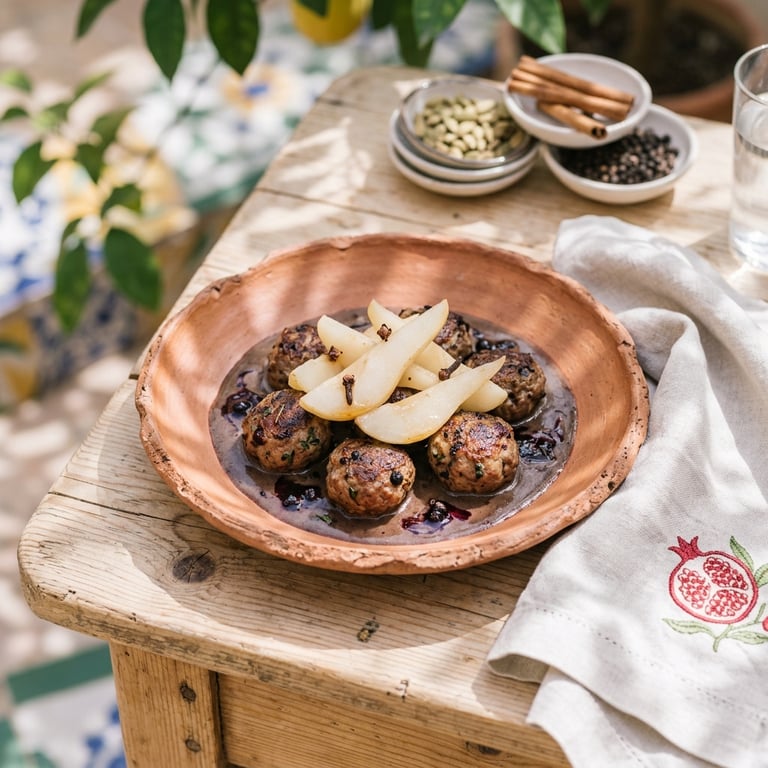 Små viltköttbullar med enbär, svartvinbärssky och picklat päron