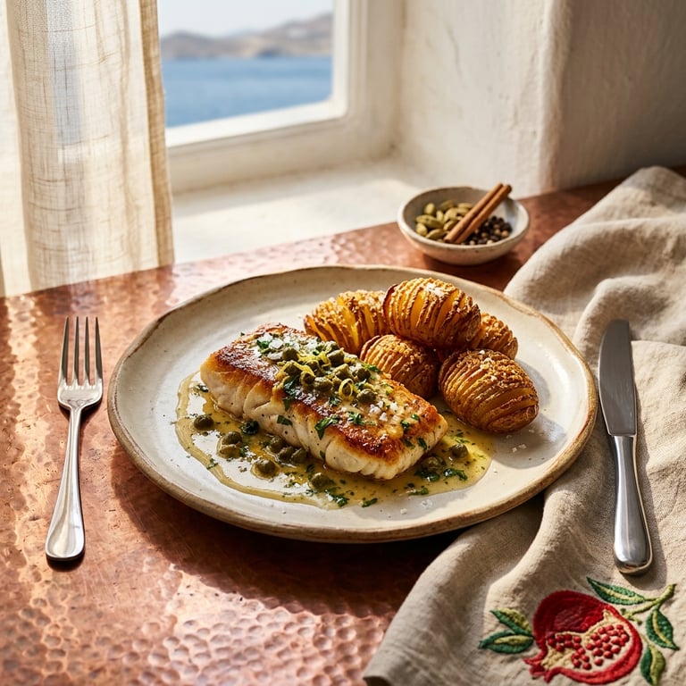 Smörstekt kummel med citron- och kaprissmör och krispig hasselbackspotatis