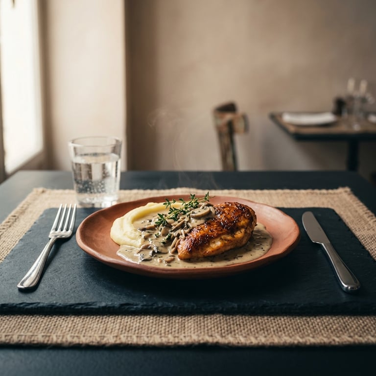 Smörstekt kycklingfilé med krämig skogssvampsås, timjan och potatispuré