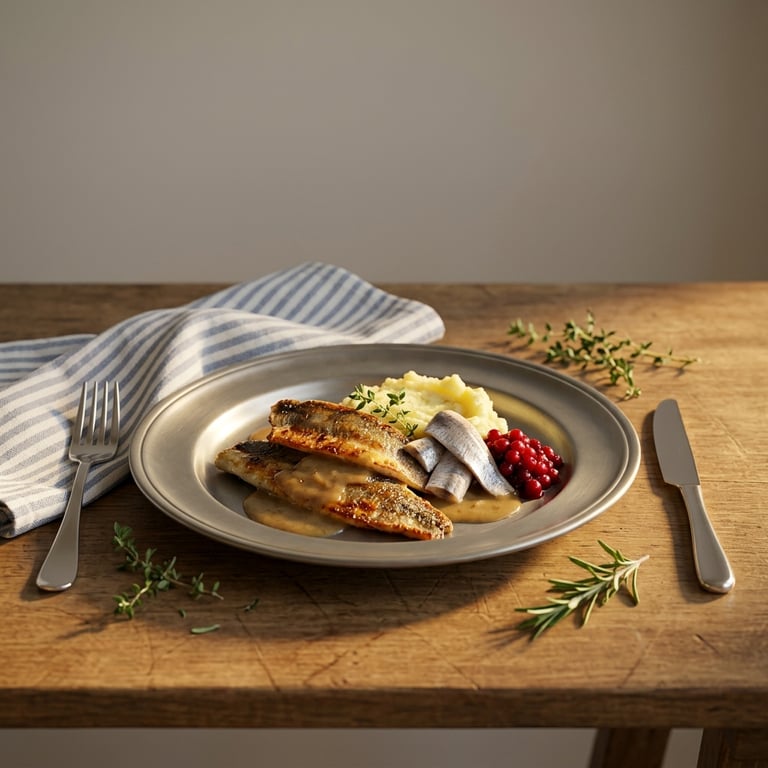 Smörstekt sillfilé med löksås och pressad potatis