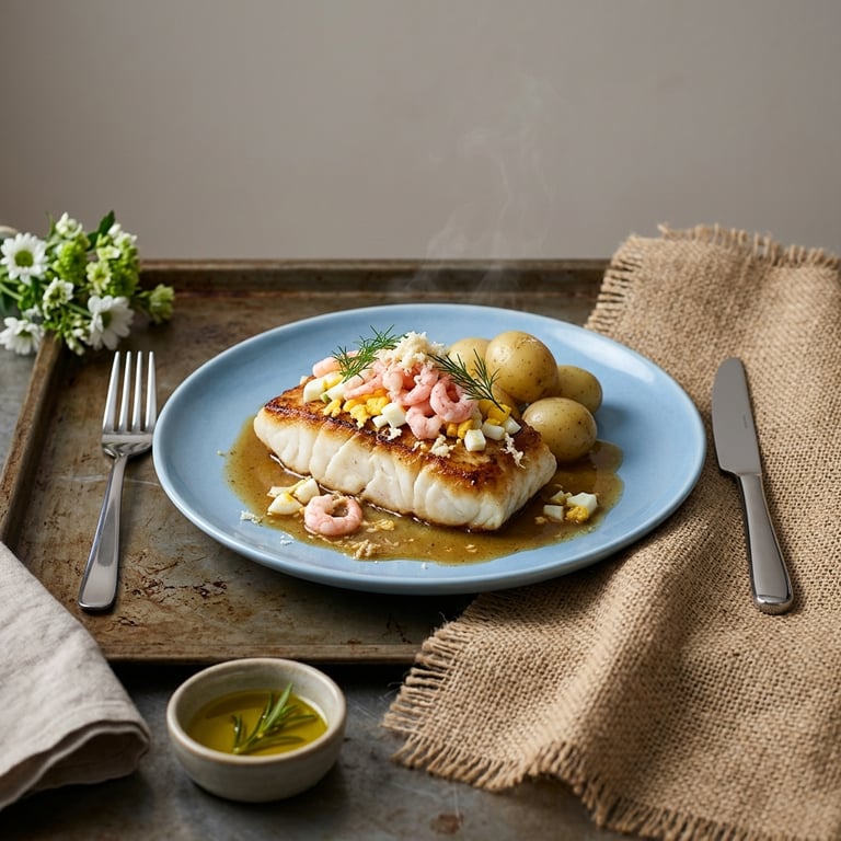 Smörstekt torskrygg à la klassisk med brynt smör, handskalade räkor, hackat ägg och kokt potatis