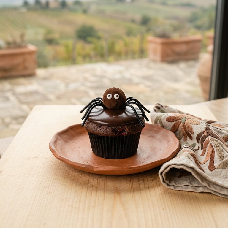 Spindel-cupcakes med chokladganache, hallonkärna och lakritsben