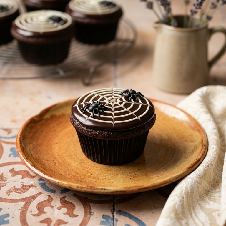 Spindelnät-cupcakes med mörk chokladganache och sockerspindlar