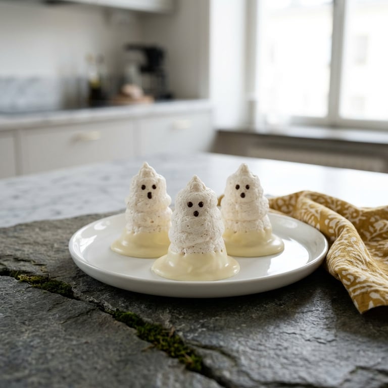 Spritsade marshmallowspöken med vaniljfluff och kjol av vit choklad