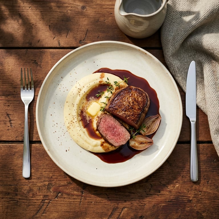 Stekt oxfilé med portvinssky, smörig potatispuré och timjan